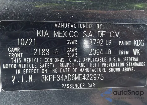2021 Kia Forte Gt-Line from USA, damaged, VIN 3KPF34AD6ME422975